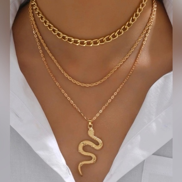 Gold 3pc Snake Pendant Chain Necklace Set - Picture 1 of 2